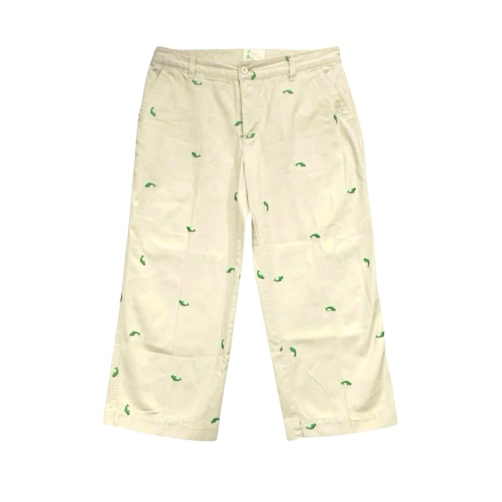Bamboo Traders Women's Khaki W/ Green Whales 100% Cotton Casual Capri Pants SZ 6